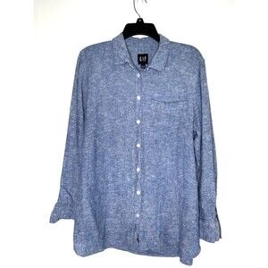 GAP Chambray Blue Linen Blend Button Front Shirt Relaxed Fit Size Large